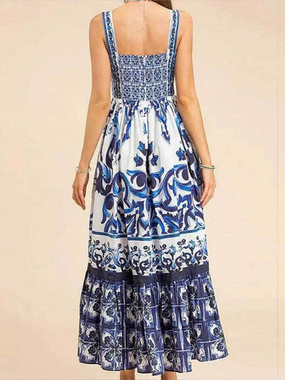 Printed Shirred Strap Maxi Dress