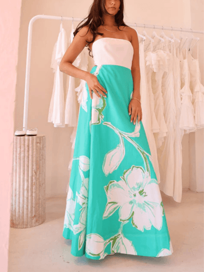 By Nicola Wavy Strapless Maxi Dress in White Verde Fleur
