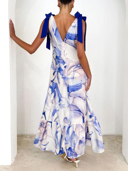 Lace-up V-neck printed dress