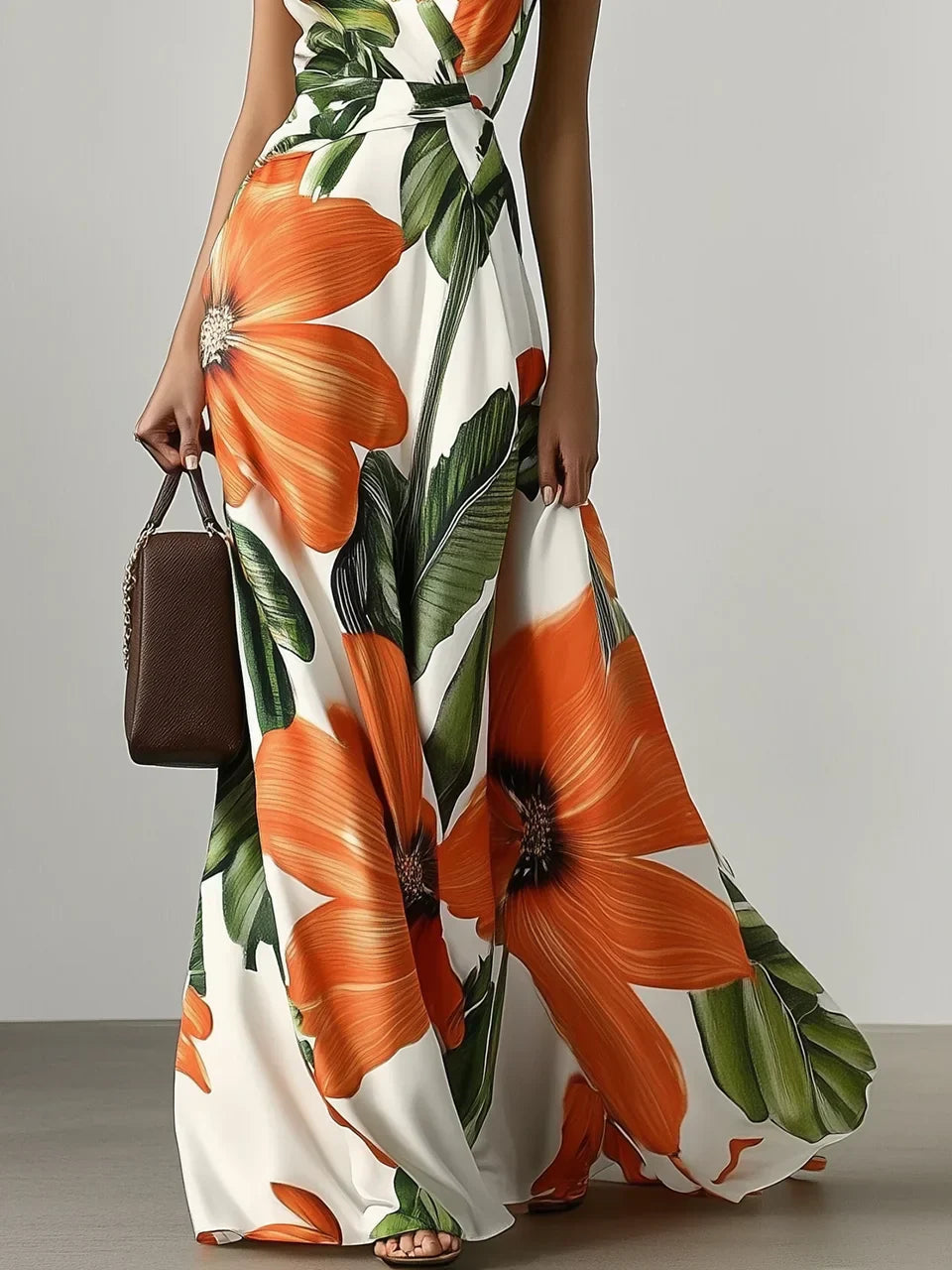 Orange Floral Classic V Neck Sleeveless A-Line Maxi Dress