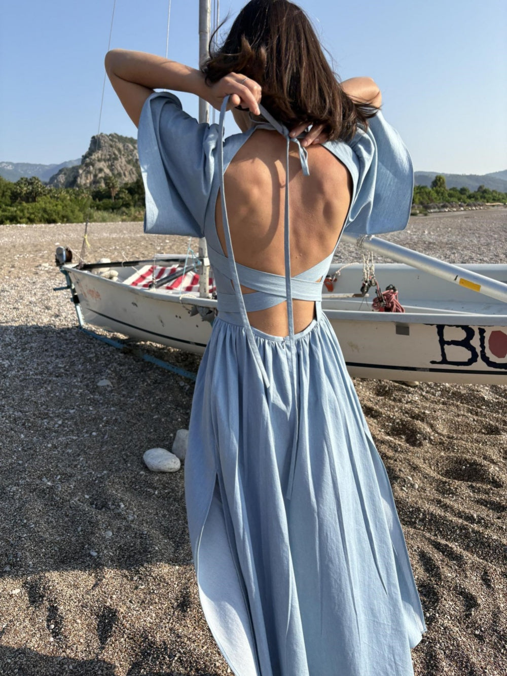 V-neck halter back dress with pockets