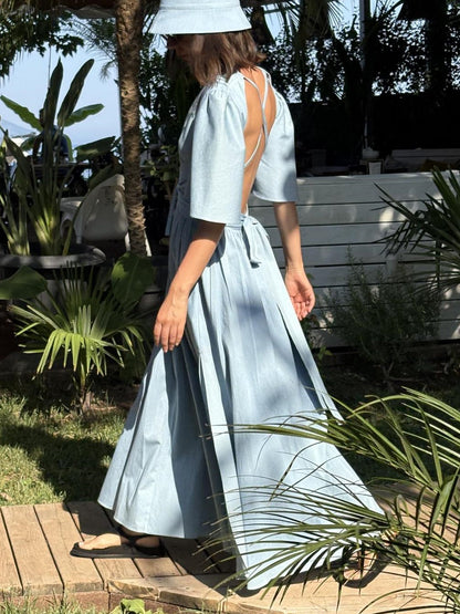 V-neck halter back dress with pockets