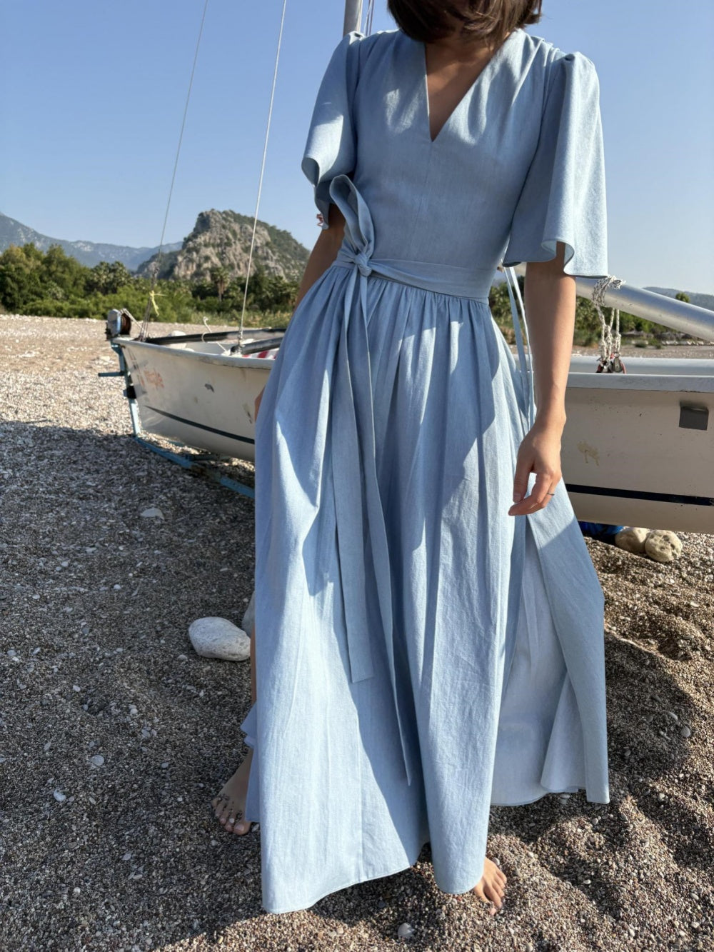 V-neck halter back dress with pockets