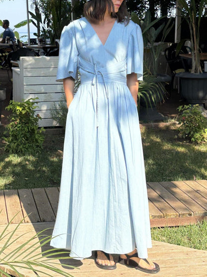 V-neck halter back dress with pockets