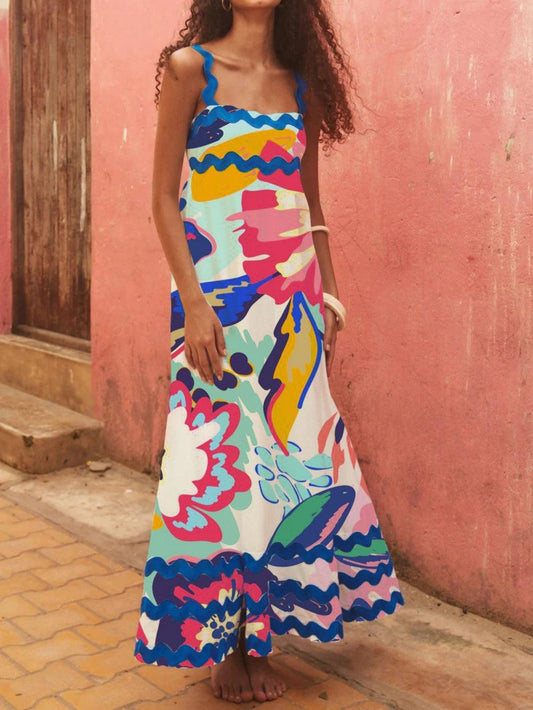 Floral wave strap A-line dress