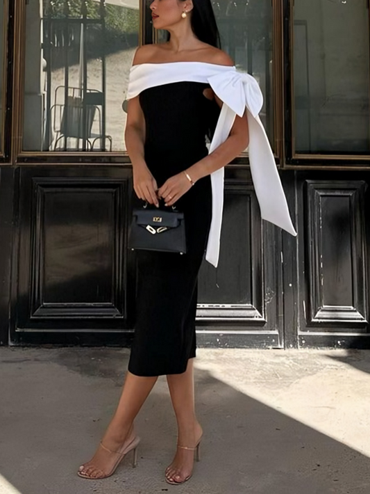 Contrast color stitching bow one shoulder dress