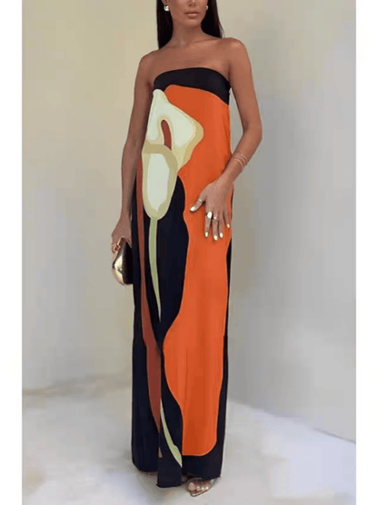 Strapless Color Block Printed Maxi Party Dress