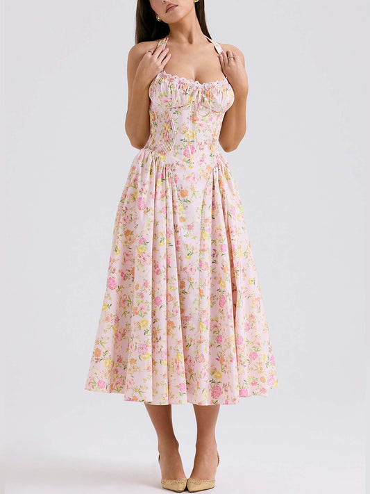Romantic Floral Corset Midi Dress