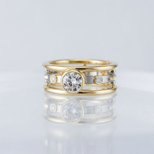 Vintage Inlaid Zirconia Layered Gold & Silver Ring