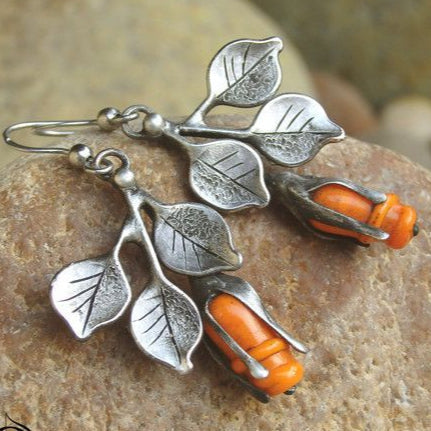 Vintage Orange Flower Silver Earrings