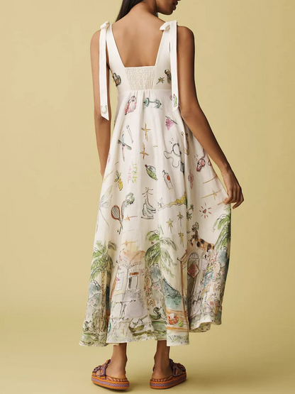 Linen Painted Ballet Tie Midi Dress