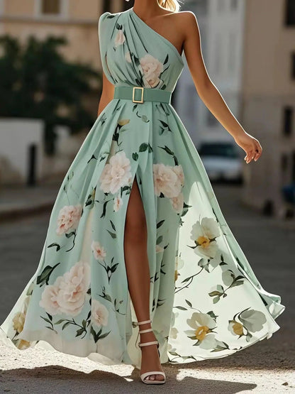 Light Green Floral Ruched One Shoulder A-Line Maxi Chiffon Dress