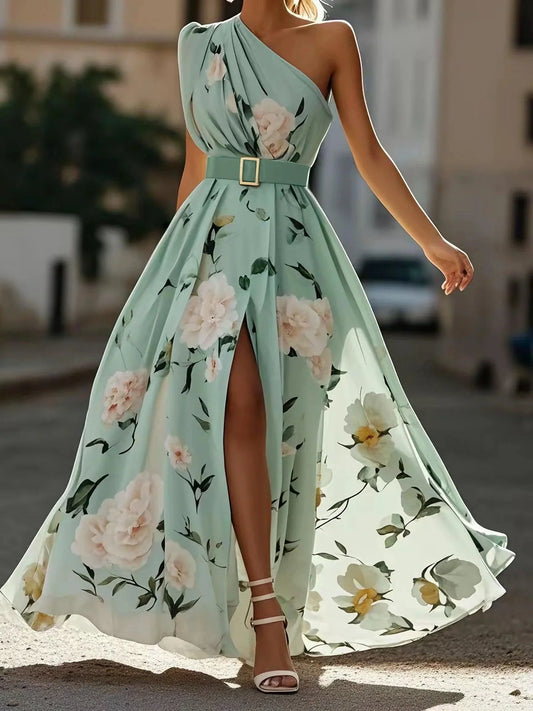 Light Green Floral Ruched One Shoulder A-Line Maxi Chiffon Dress