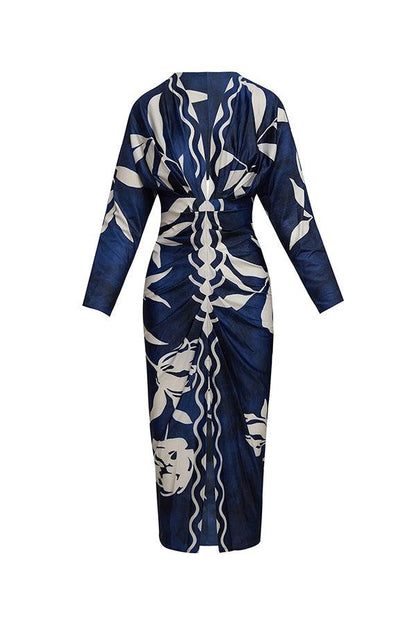 Unique Print Dolman Long Sleeve Ruched Slit Midi Dress
