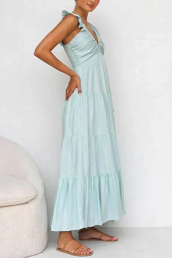 Elegant Rose Maxi Dress with V-Neckline