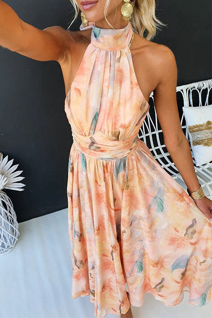 Rosea Neck Maxi Dress with Open Back, Tied Waist, and Watercolor Print