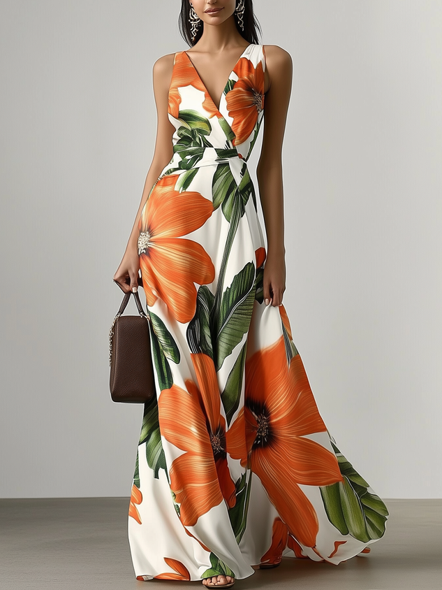 Orange Floral Classic V Neck Sleeveless A-Line Maxi Dress