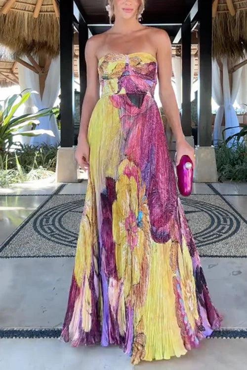 Painted Print Pleated Maxi Dress