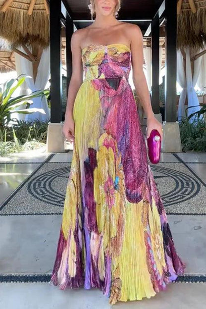 Painted Print Pleated Maxi Dress