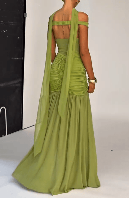 V-shoulder Maxi Dress - Olive