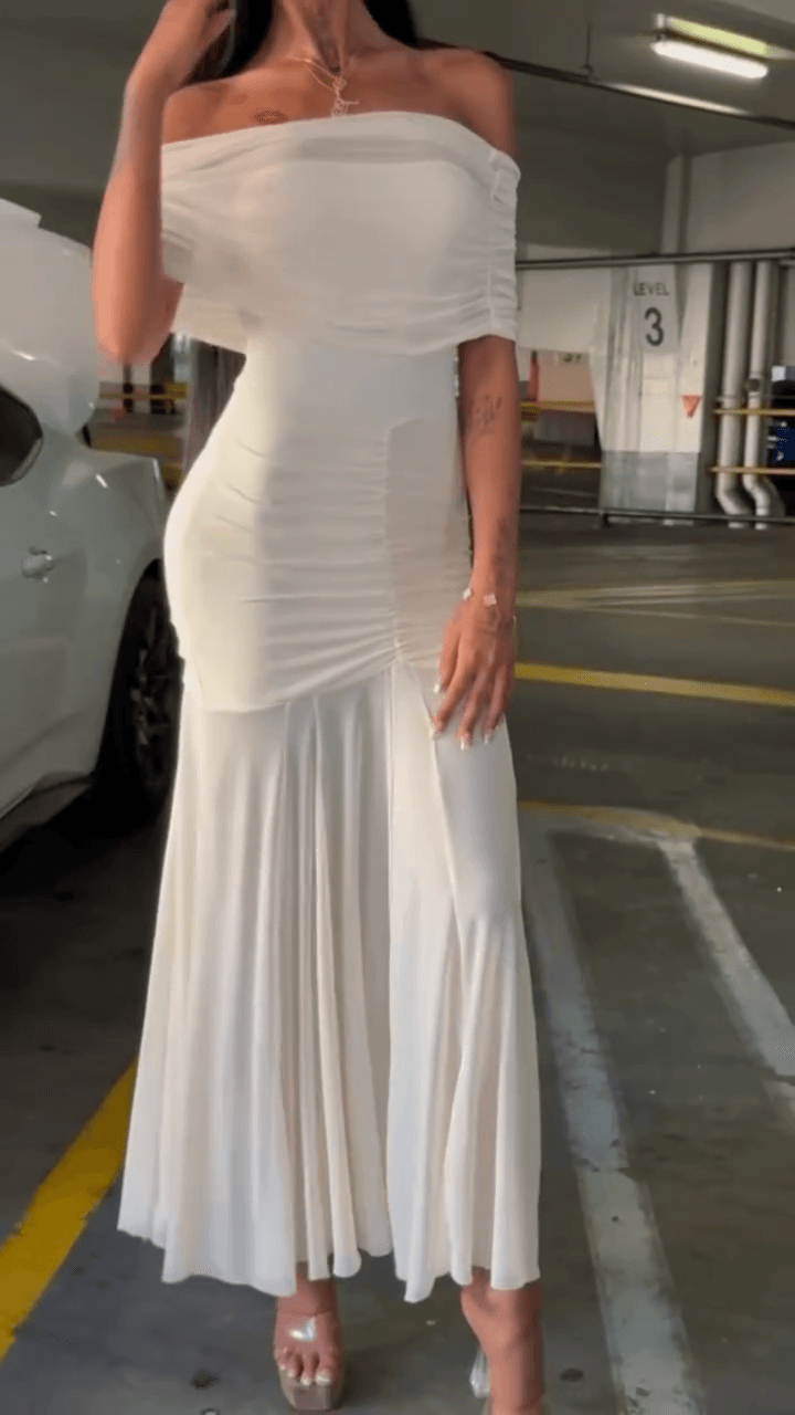 Caspian Slinky And Mesh Off Shoulder Maxi Dress