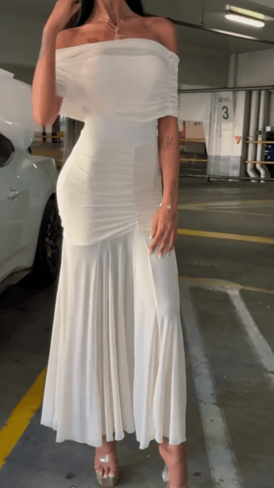 Caspian Slinky And Mesh Off Shoulder Maxi Dress