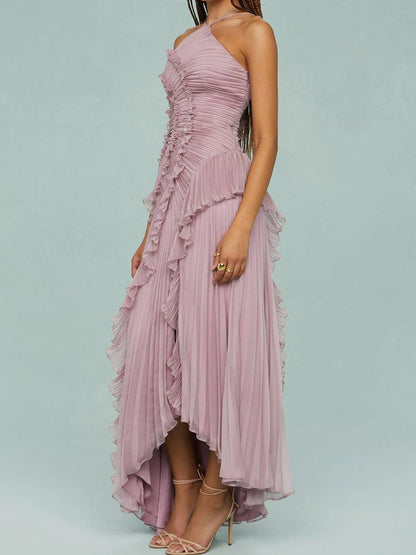 Pleated Suspender Long Dress With Slits