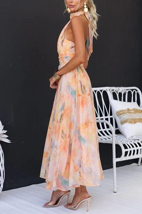 Rosea Neck Maxi Dress with Open Back, Tied Waist, and Watercolor Print