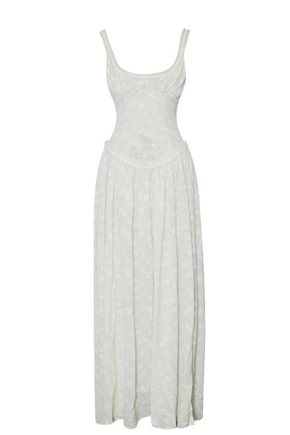 Light Green Square Neck Jacquard Textured High Slit Maxi Dress