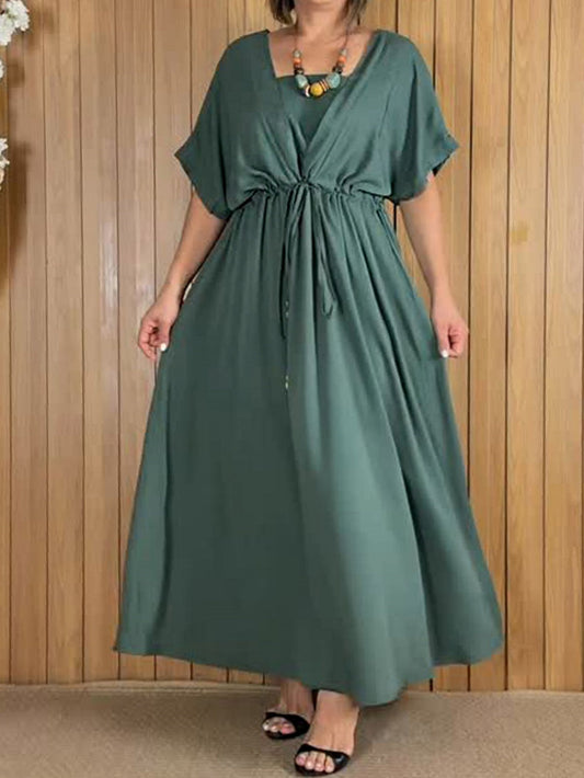 Women's Solid V Neck Drawstring Linen Dress