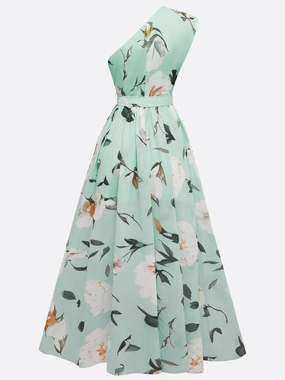 Light Green Floral Ruched One Shoulder A-Line Maxi Chiffon Dress