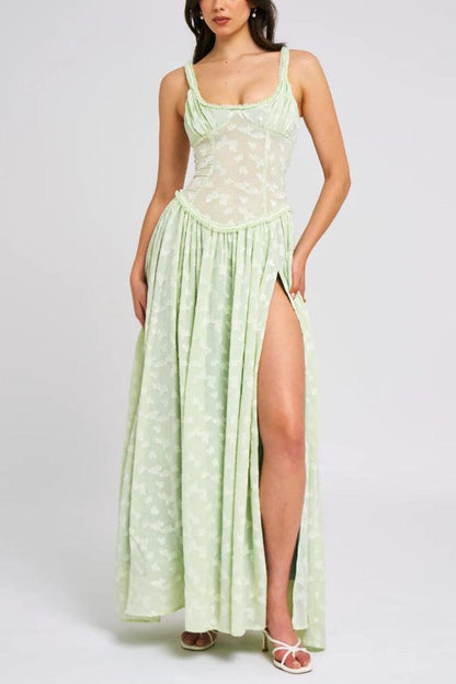 Light Green Square Neck Jacquard Textured High Slit Maxi Dress