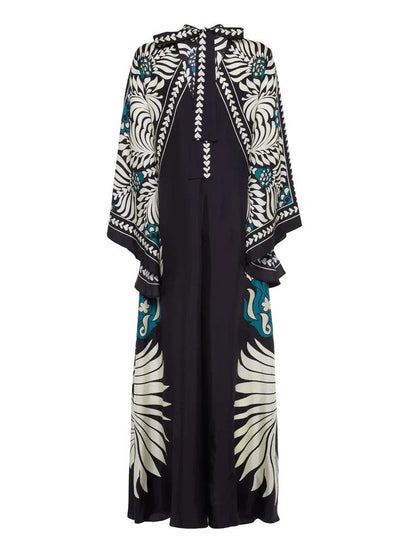 Elegance Floral Print Waterfall Sleeves Maxi Dress