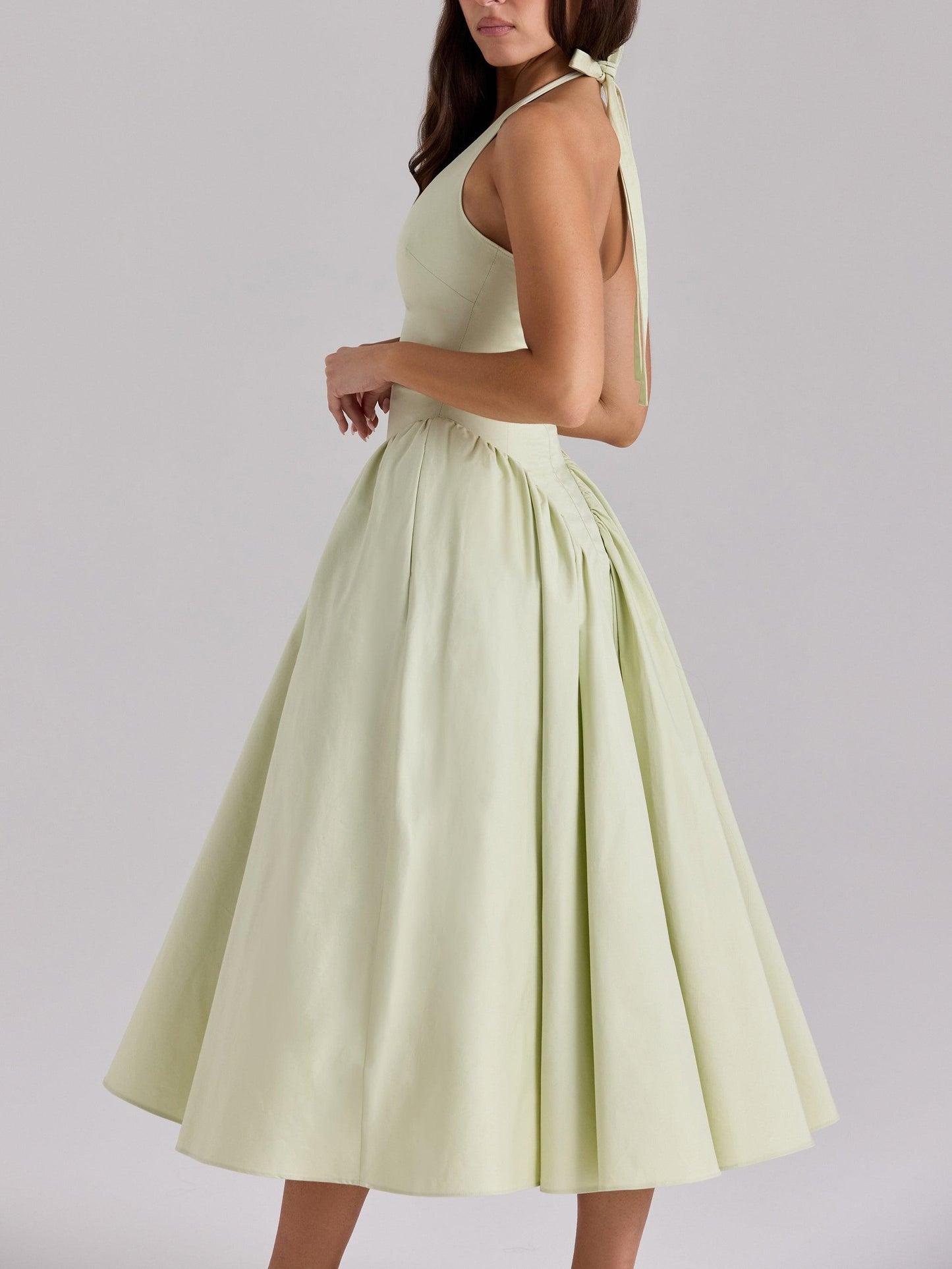 Deep V halter neck A-line midi dress