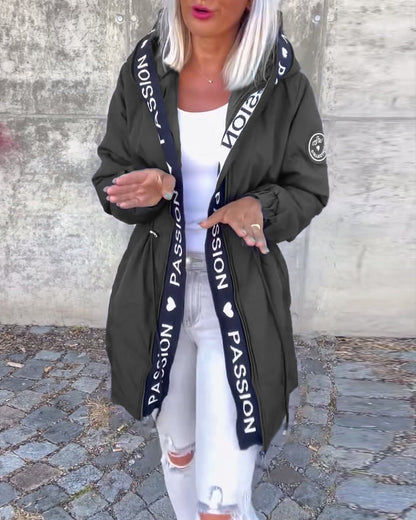 Casual coat with hood and drawstring in letter pattern