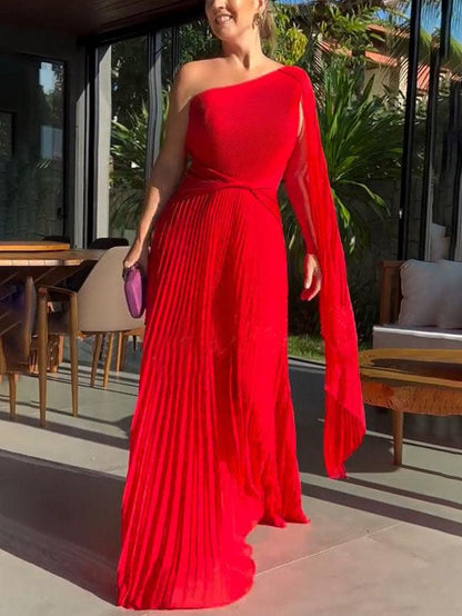 Elegant Flowing Pleated Off-the-Shoulder Maxi Dress