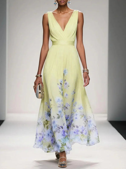 Light Blue Floral Chiffon V Neck Sleeveless A-Line Maxi Dress