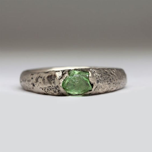 Vintage Silver Forged Green Glass Ring