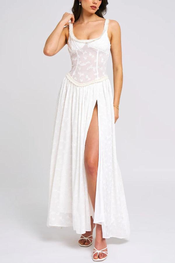 Light Green Square Neck Jacquard Textured High Slit Maxi Dress