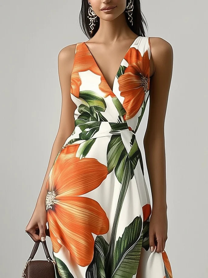 Orange Floral Classic V Neck Sleeveless A-Line Maxi Dress