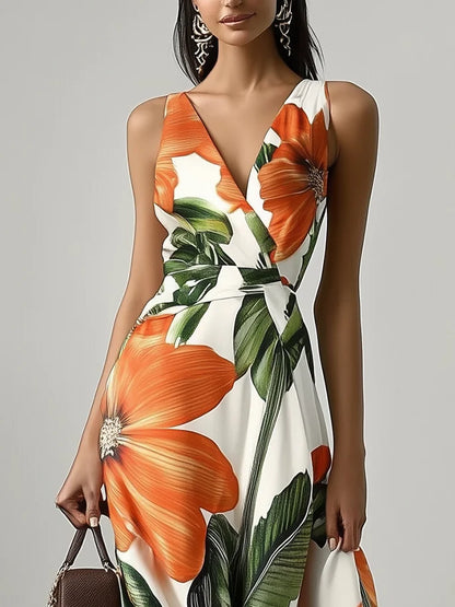 Orange Floral Classic V Neck Sleeveless A-Line Maxi Dress
