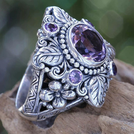 Meditation Amethyst Flower Silver Ring
