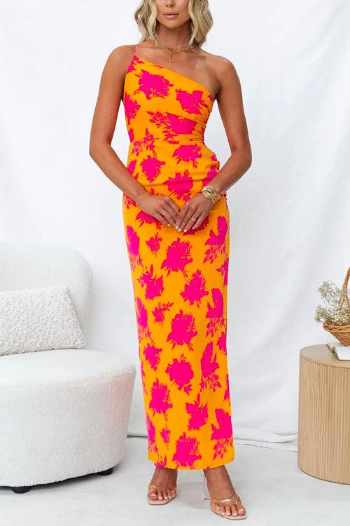 One Shoulder Side Split Printed Cami Maxi Dress