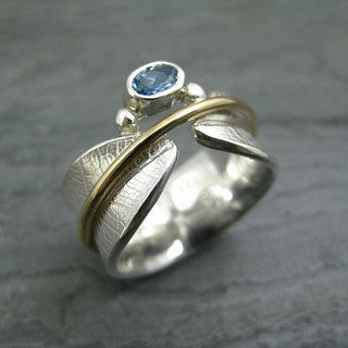 Vintage Bodhi Leaf Spinner Ring with Aquamarine