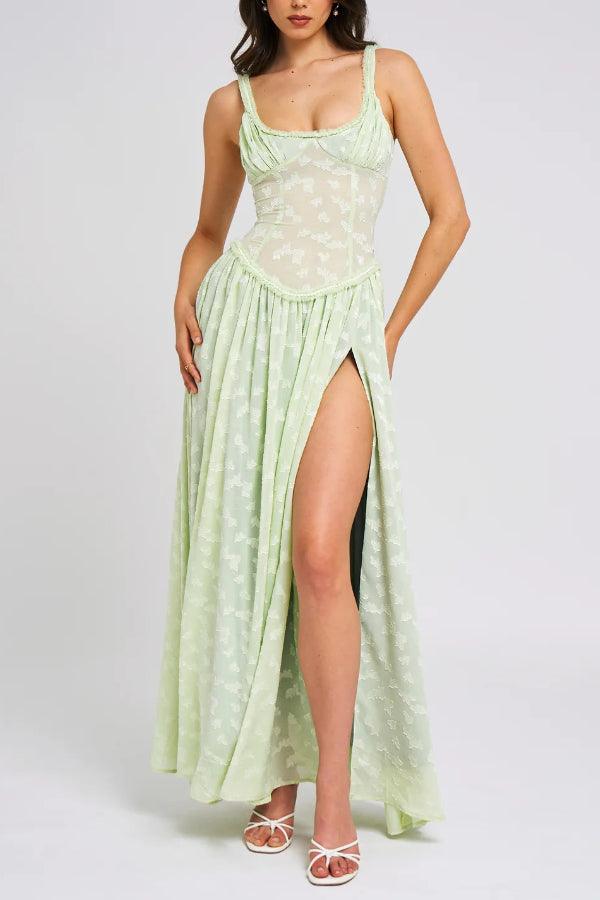 Light Green Square Neck Jacquard Textured High Slit Maxi Dress