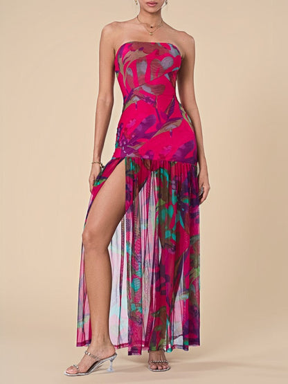 Printed Strapless Slit Maxi Dress