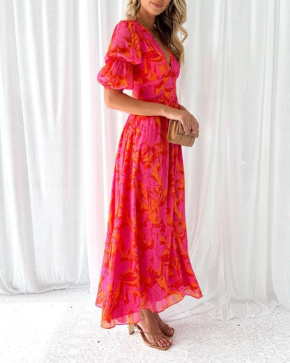 Elegant Rose Maxi Dress with Puff Sleeves and V-Neckline