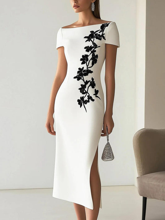Chic Floral Print Boat Neck Midi Dress