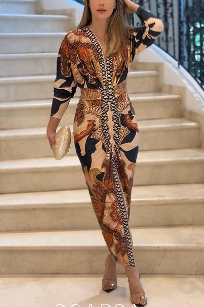 Unique Print Dolman Long Sleeve Ruched Slit Midi Dress