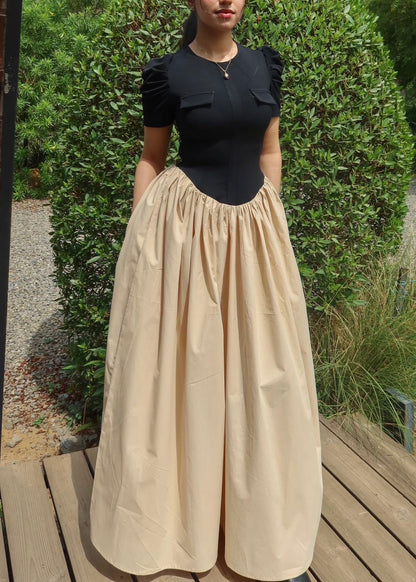 Women's Black Short Sleeved Shirt One-piece Maxi Dress